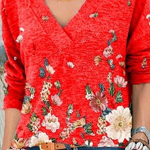 Ladies V-neck Red+Floral L Top from Wish NWOT